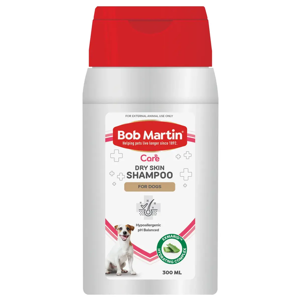 Front of Bob Martin Care Dry Skin Shampoo for Dogs with Exmarid Hydrating Complex, 300 ml bottle