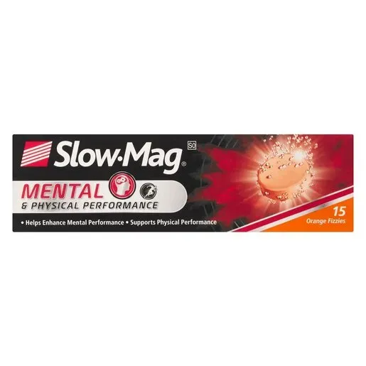 Front of Slow-Mag Mental & Physical Performance 15 Orange Fizzies effervescent tablets box