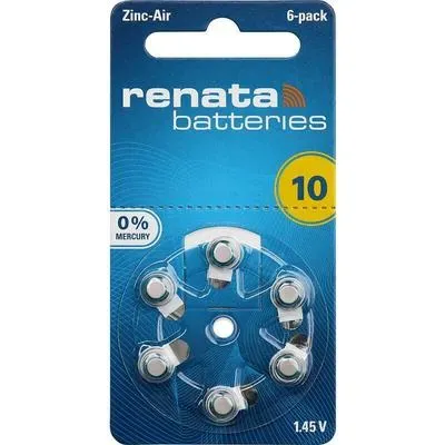 Front of Renata Batteries ZA10 1.45V Zinc-Air 6-pack