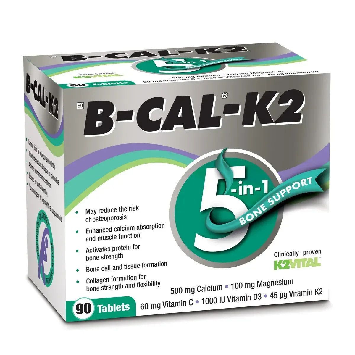 Angled studio shot of Inova B-CAL-K2 5-in-1 Bone Support 90 tablets box