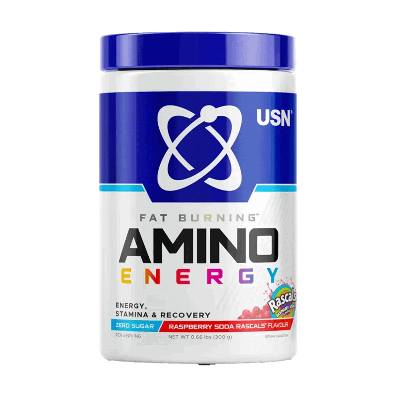 Front of USN Amino Energy Raspberry Soda Rascals 300g tub