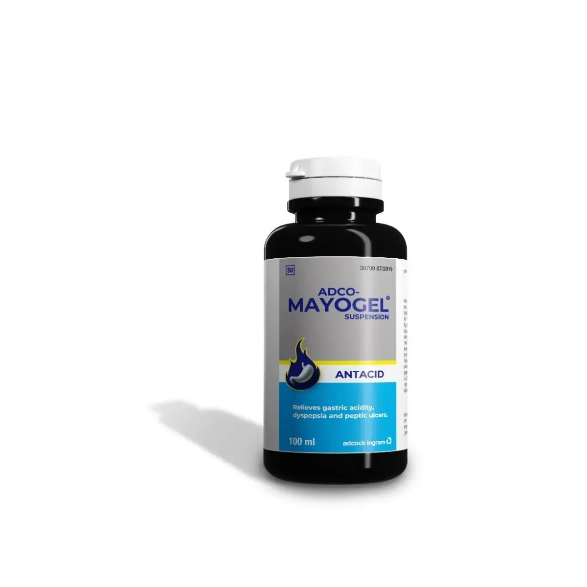 Front of Adcock Ingram ADCO-Mayogel Suspension Antacid 100 ml bottle on white background