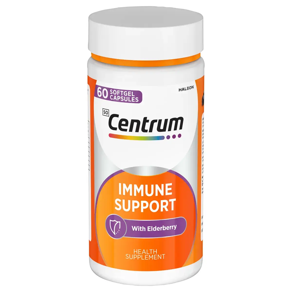Front of Centrum Immune Support with Elderberry 60 softgel capsules bottle on white background