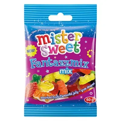Front of Mister Sweet Fantazzmix Mix assorted fruit jelly and gum shapes 60 g bag