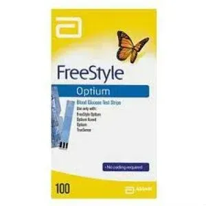 Front of Abbott FreeStyle Optium Blood Glucose Test Strips box, 100 test strips