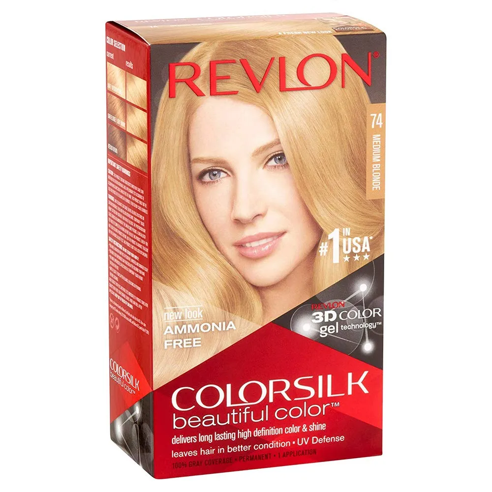 Front of Revlon Colorsilk Beautiful Color Hair Dye, Shade 74 Medium Blonde, 1 application kit