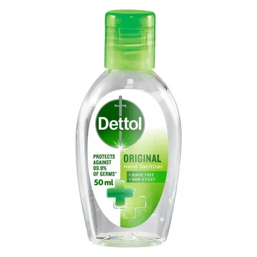 Front of Dettol Original Hand Sanitiser 50 ml bottle on white background