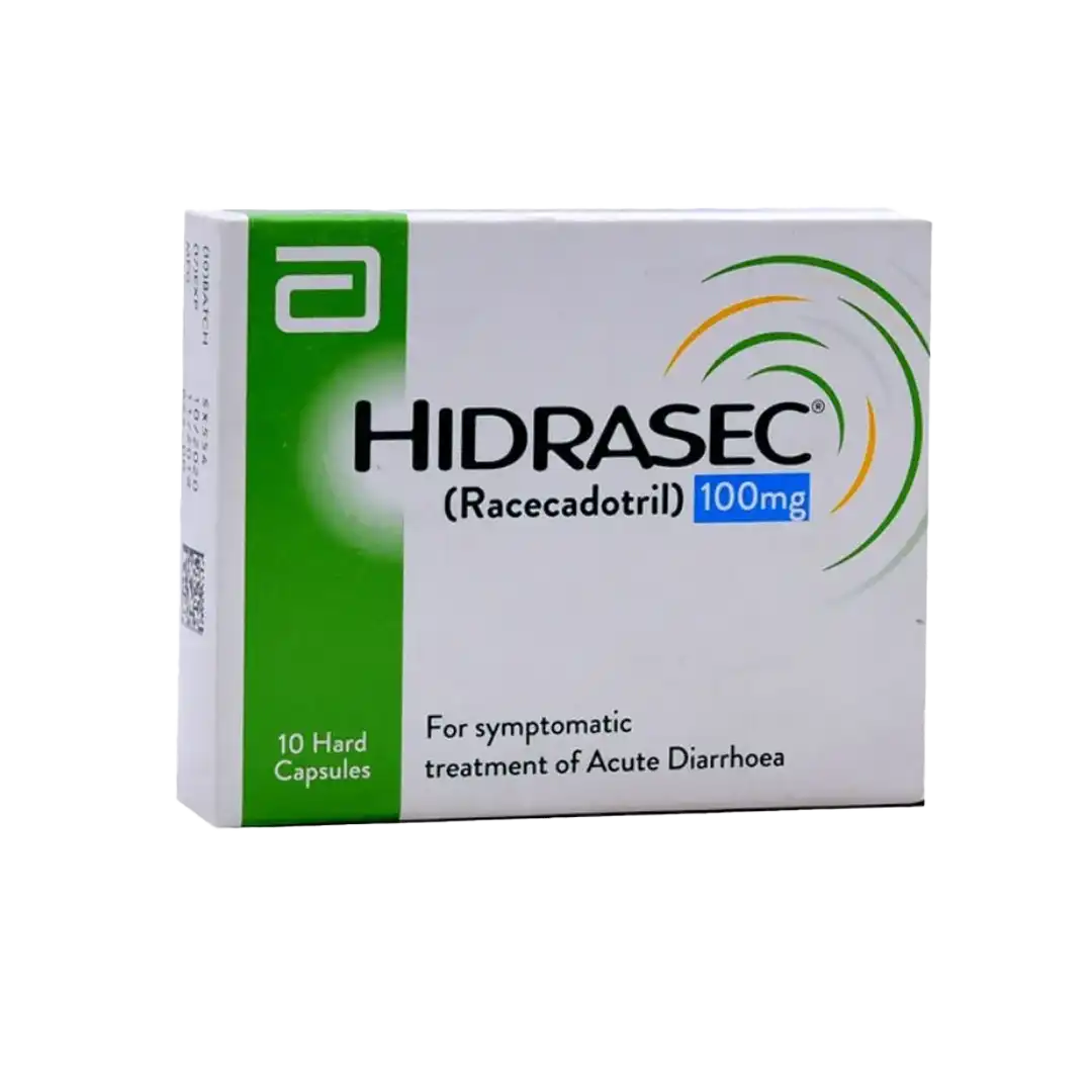 Angled view of Hidrasec Adults Racecadotril 100mg box, 10 hard capsules