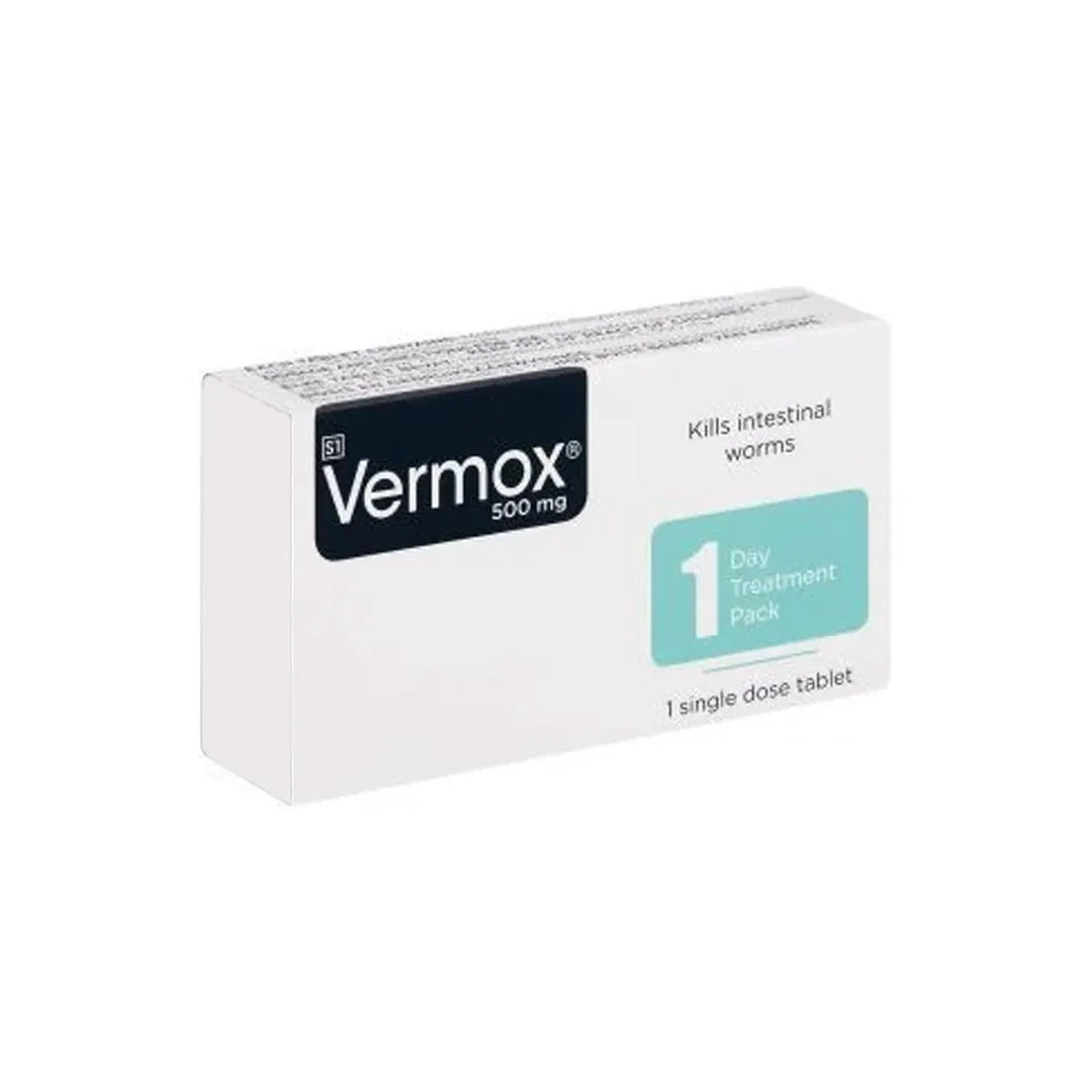 Front of Vermox 500mg Tablet box, 1's