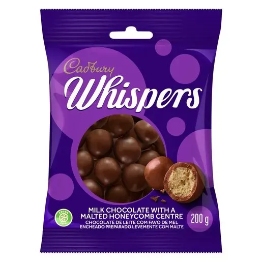 Front of Cadbury Whispers Milk Chocolate with Malted Honeycomb Centre 200g bag