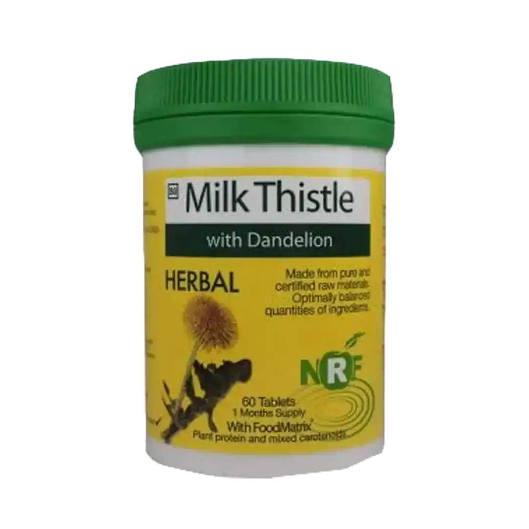 Front of NRF Herbal Milk Thistle with Dandelion tablets, 60's bottle