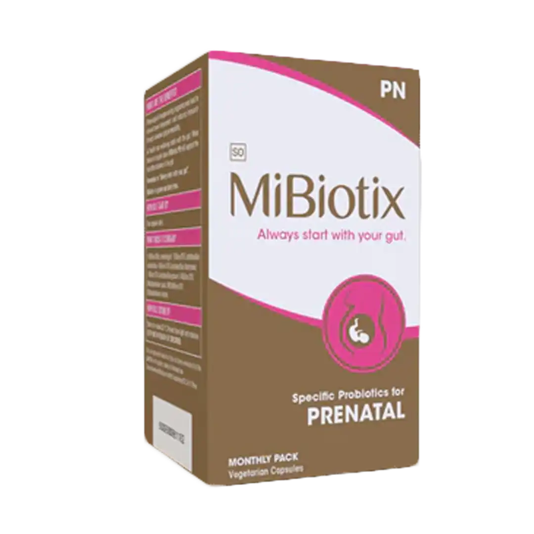 Front of MiBiotix PN Prenatal Probiotic Capsules, monthly pack box