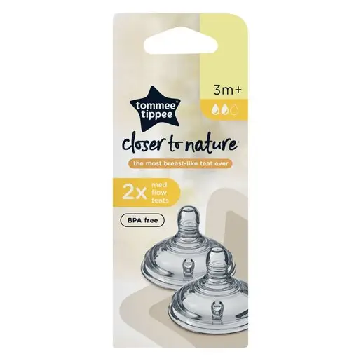 Front of Tommee Tippee Closer to Nature medium flow teats 2 pack box
