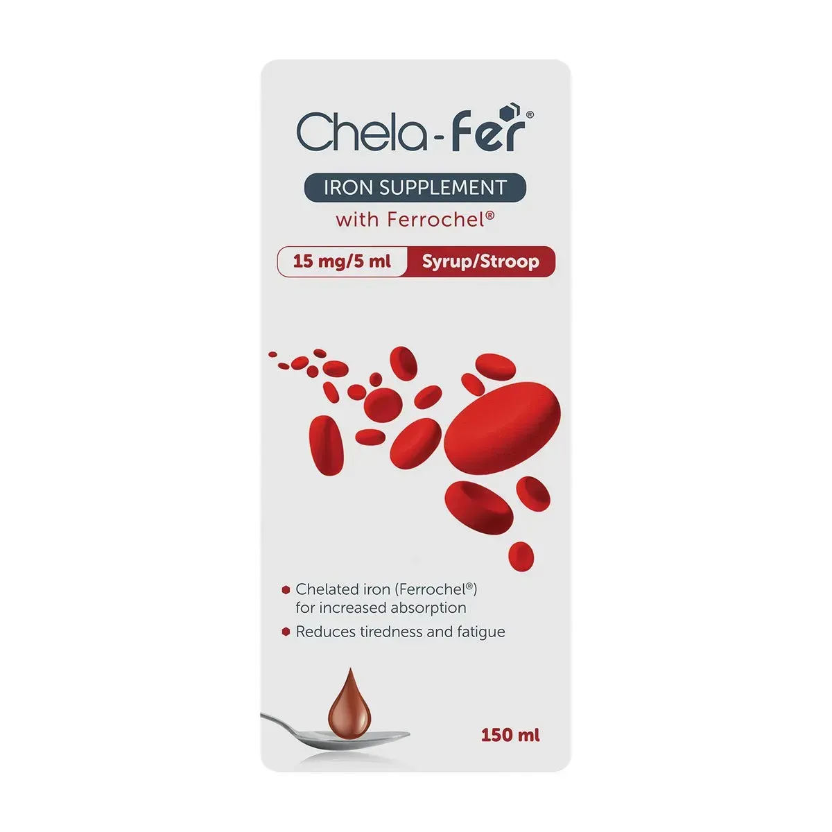 Front of Chela-Fer Iron Supplement Syrup with Ferrochel 150 ml box on white background