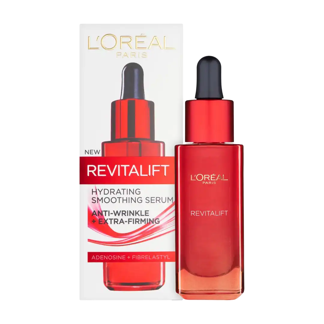 Front of L'Oréal Paris Revitalift Anti-Wrinkle Hydrating Smoothing Serum box and bottle, 30ml