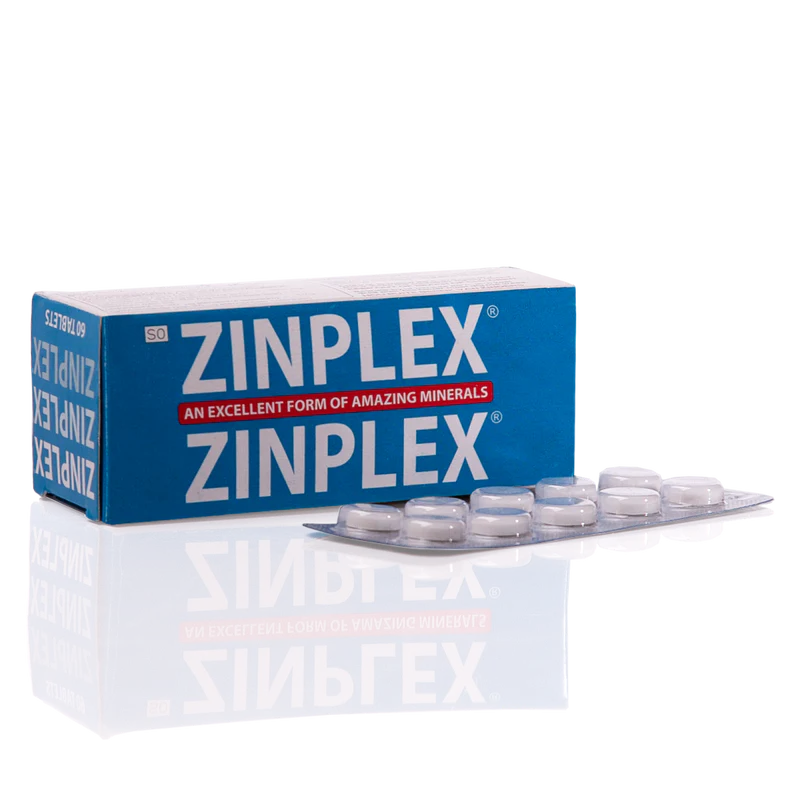 Front of Zinplex 60 Tablets box with blister pack shown