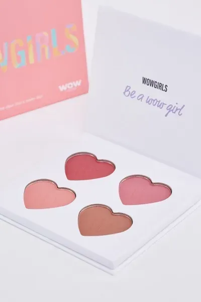 Open WOW Girl blush palette with four heart-shaped blush pans
