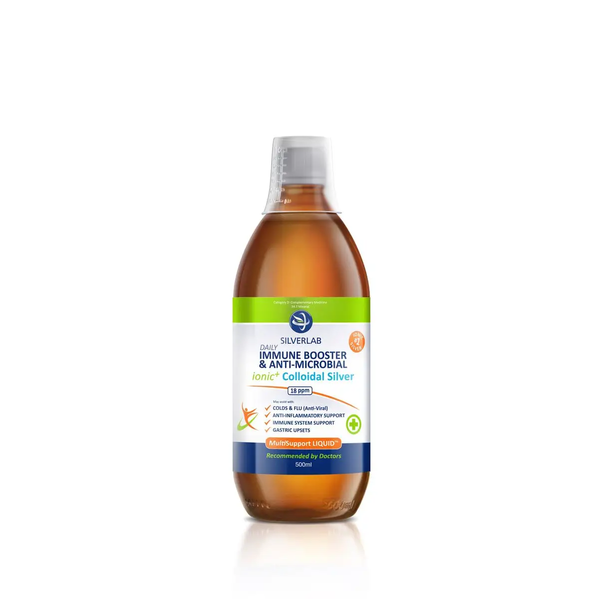 Front of SilverLab Colloidal Silver Immune Booster Liquid 500 ml bottle