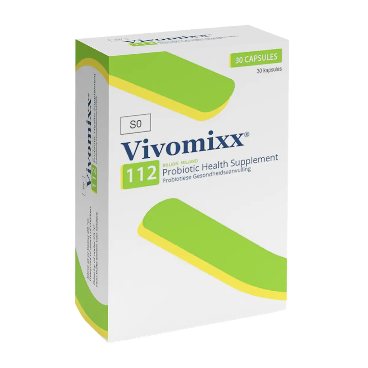 Angled view of Vivomixx 112 Probiotic Health Supplement 30 capsules box
