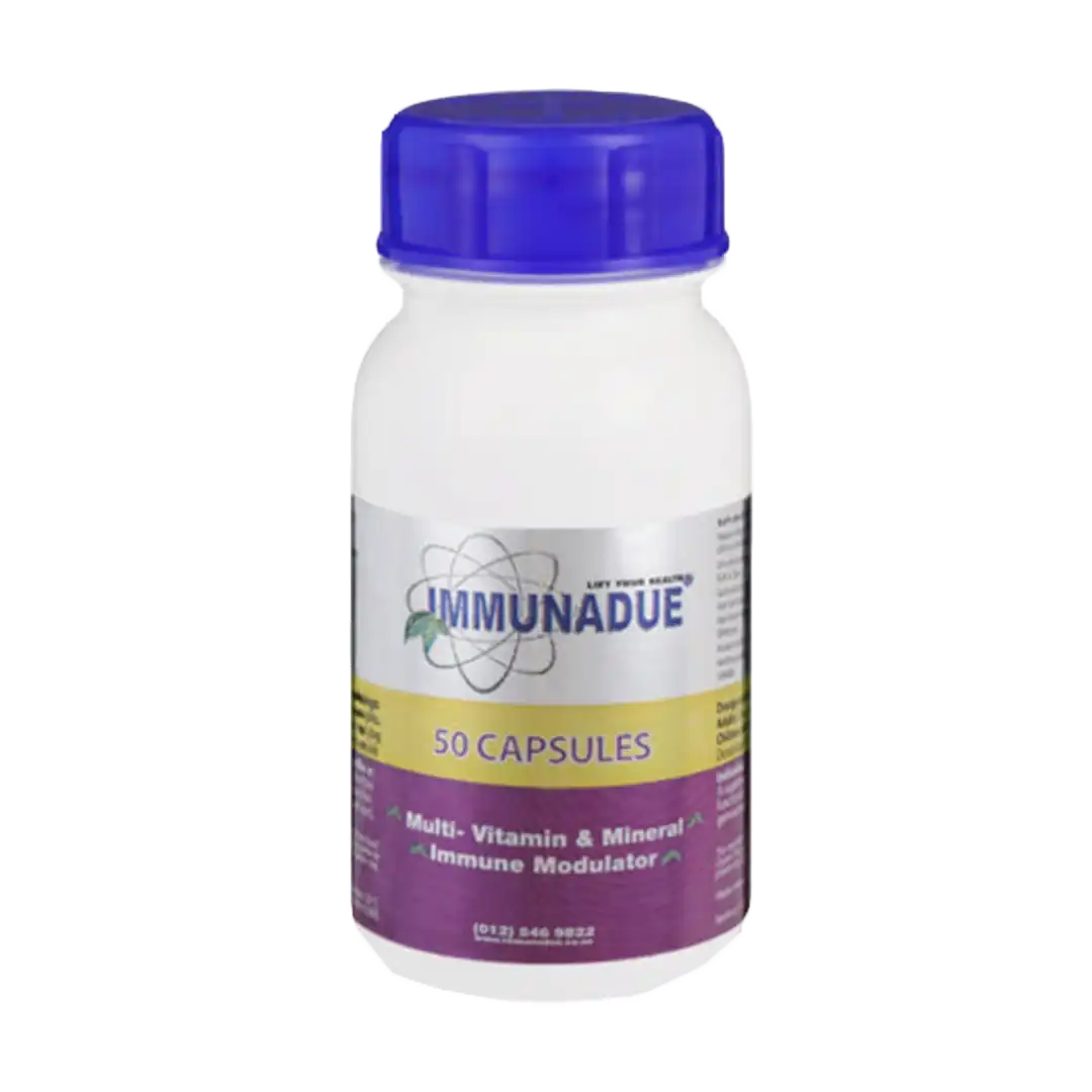 Angled view of Immunadue Herbal Multi-Vitamin & Mineral Immune Modulator 50 capsules bottle