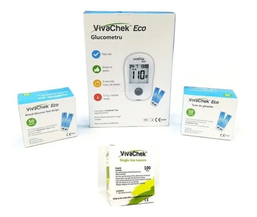 VivaChek Single Use Lancets 100 pack box shown alongside VivaChek Eco glucometer kit