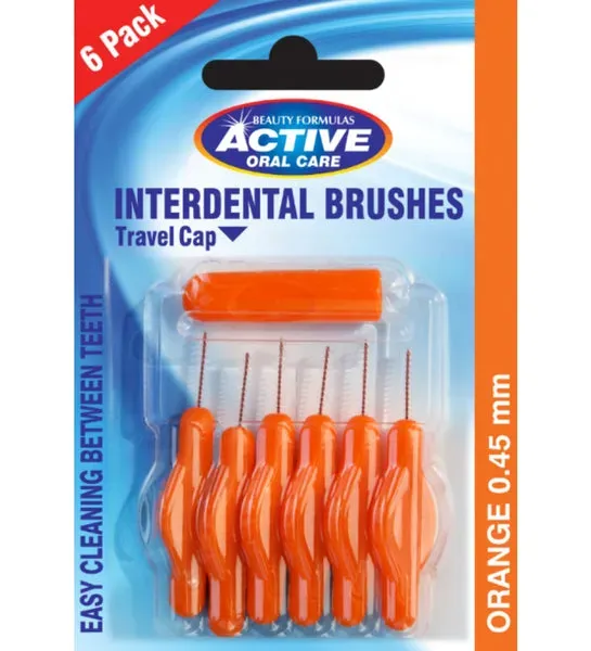 Front of B/F Active Interdental Brushes 0.45mm Orange, 6 pack blister