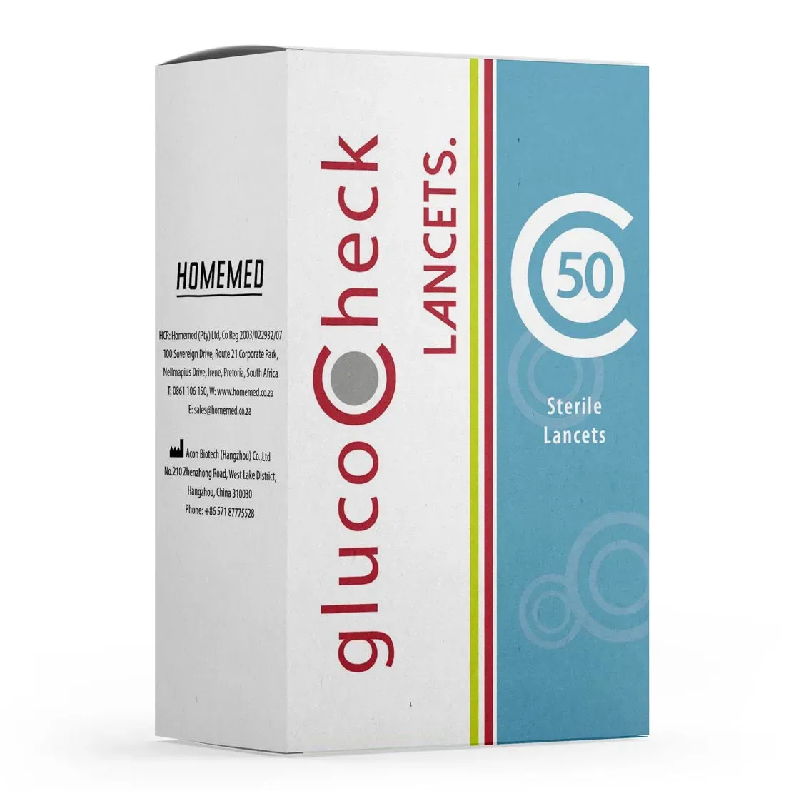 Angled view of HomeMed glucoCheck Sterile Lancets box, 50 lancets