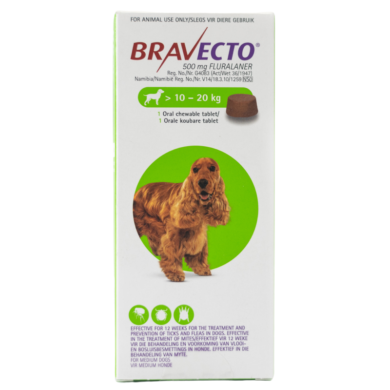Front of Bravecto 500mg chewable tablet box for medium dogs 10-20kg