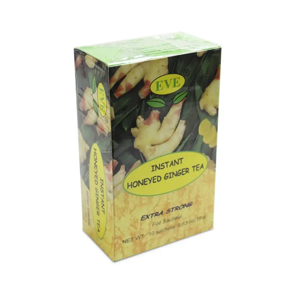 Angled view of Eve's Instant Honeyed Ginger Tea box, 10 sachets