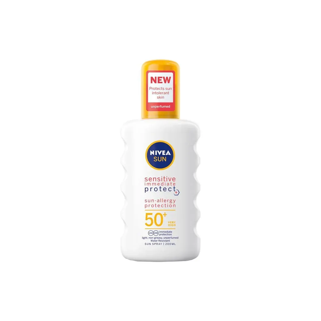 Front of NIVEA Sun Sensitive Immediate Protect SPF50+ Sun Spray 200ml with new formula label