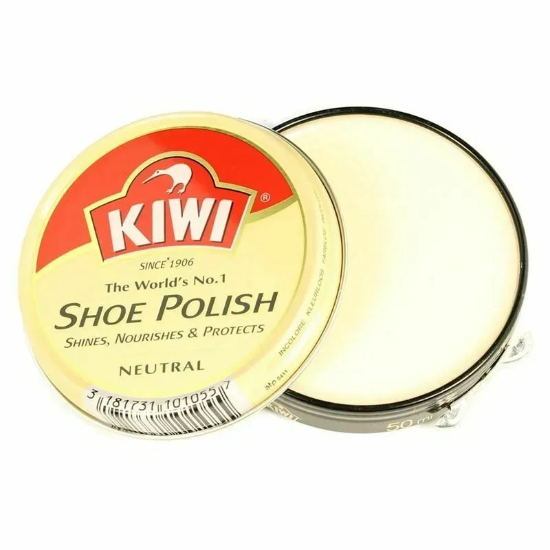 Kiwi Shoe Polish Neutral 50ml tin, open and closed views