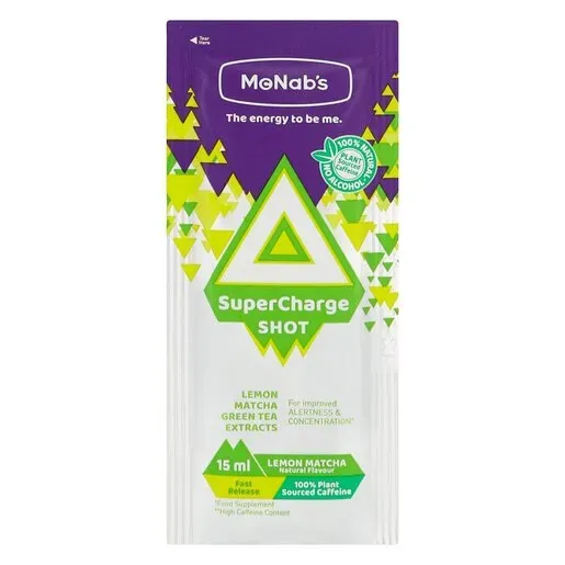Front of McNabs SuperCharge Shot Lemon Matcha 15 ml sachet
