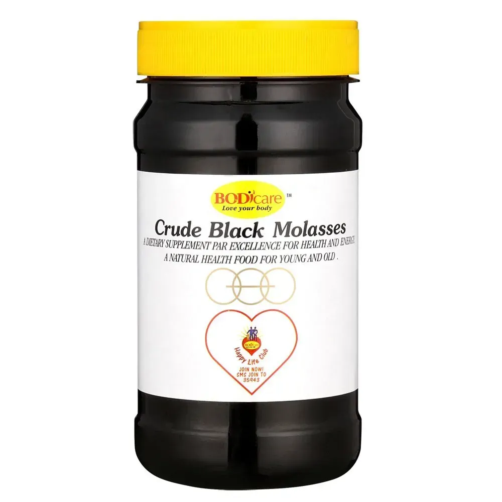 Front of BODicare Crude Black Molasses jar, 500 g