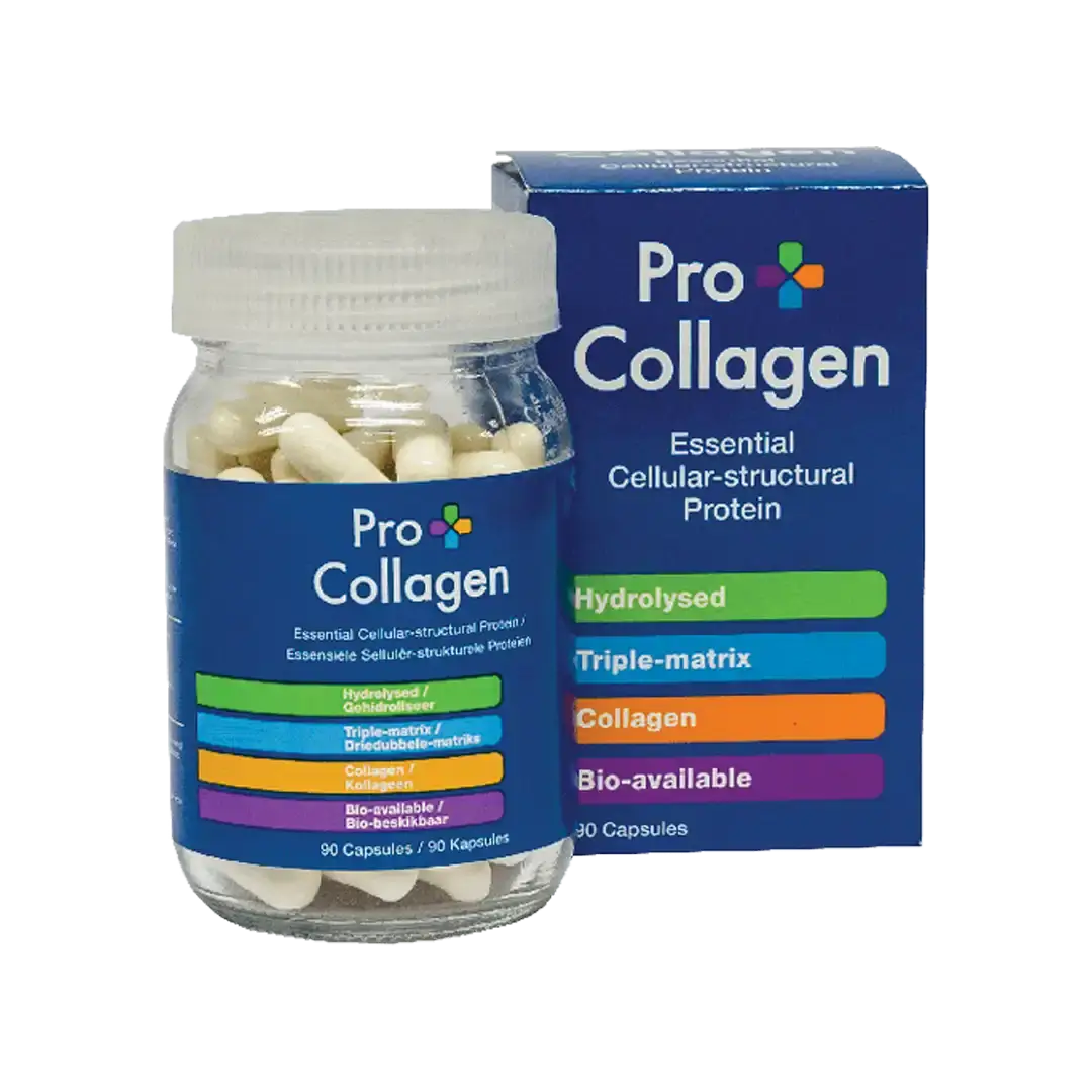 Front of Brunel Pro Collagen 90 capsules bottle and box, blue packaging
