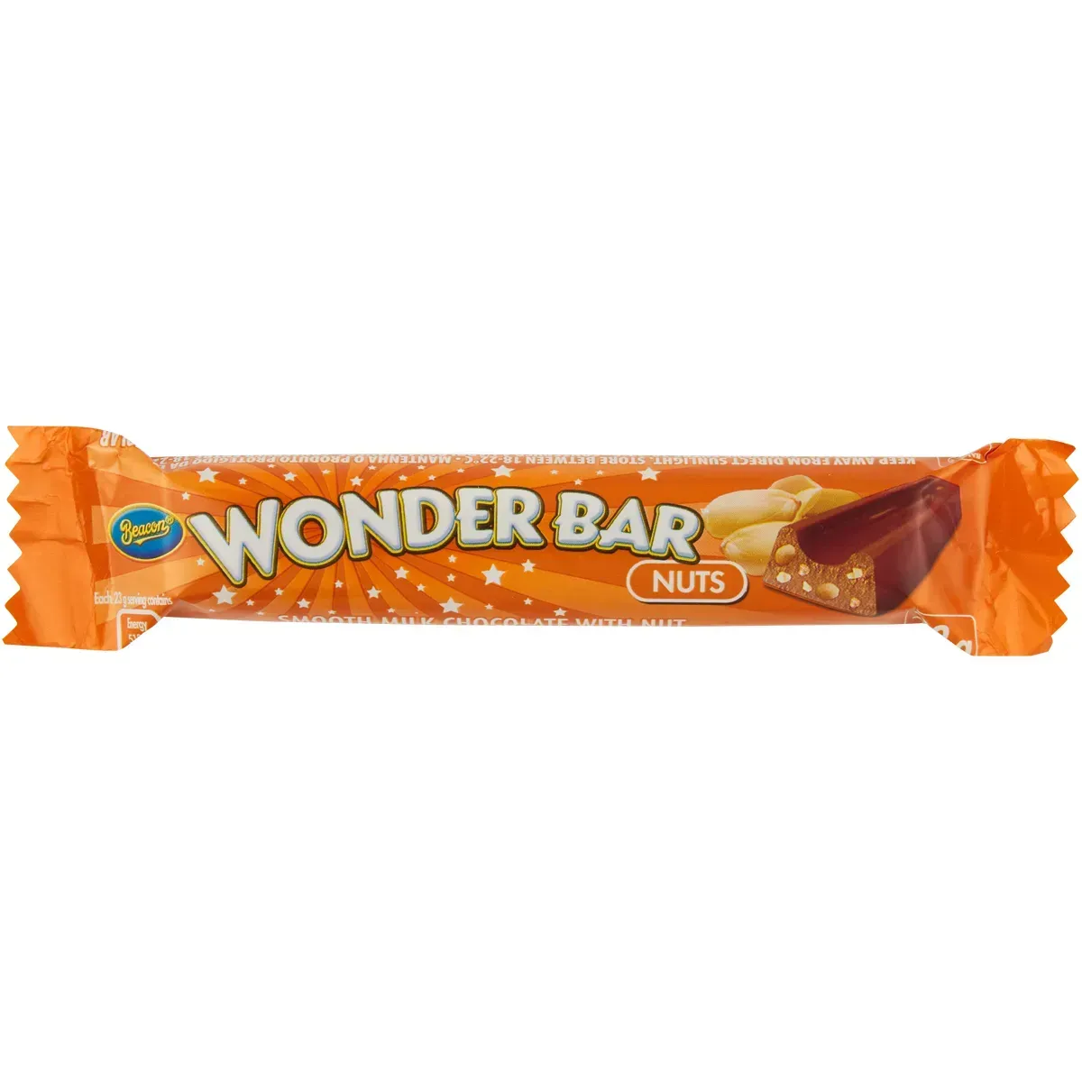 Front of Beacon Wonder Bar Nuts 23 g chocolate bar on white background