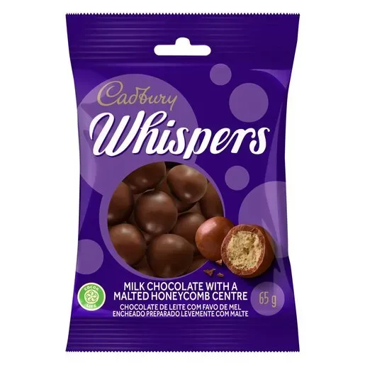 Front of Cadbury Dairy Milk Whispers Milk Chocolate 65g bag