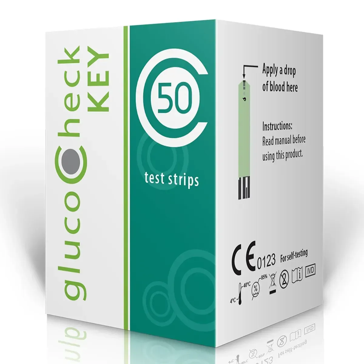 Angled view of HomeMed GlucoCheck Key 50 test strips box