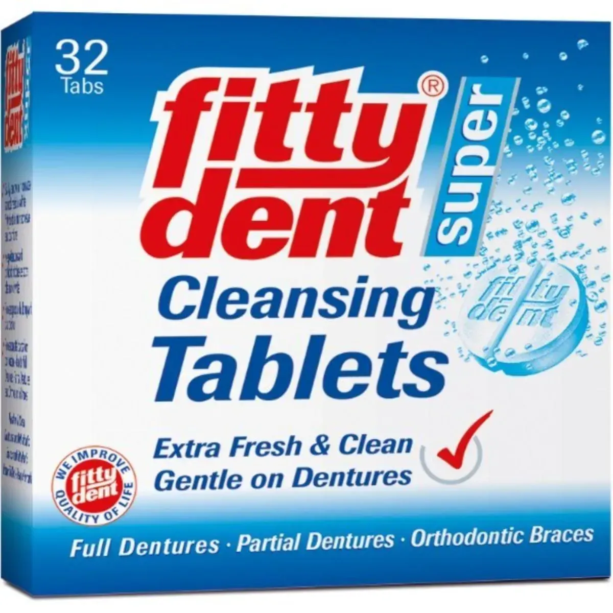 Front of Fitty Dent Super Cleansing Tablets 32 tabs denture cleanser box