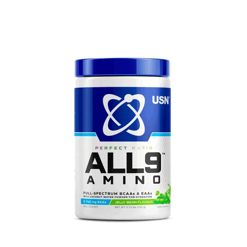 Front of USN All 9 Amino Jelly Bean Flavour 330 g tub