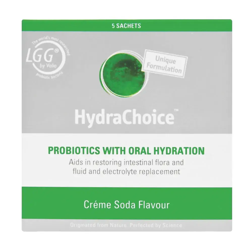 Front of HydraChoice Créme Soda Flavour Probiotics with Oral Hydration box, 5 sachets