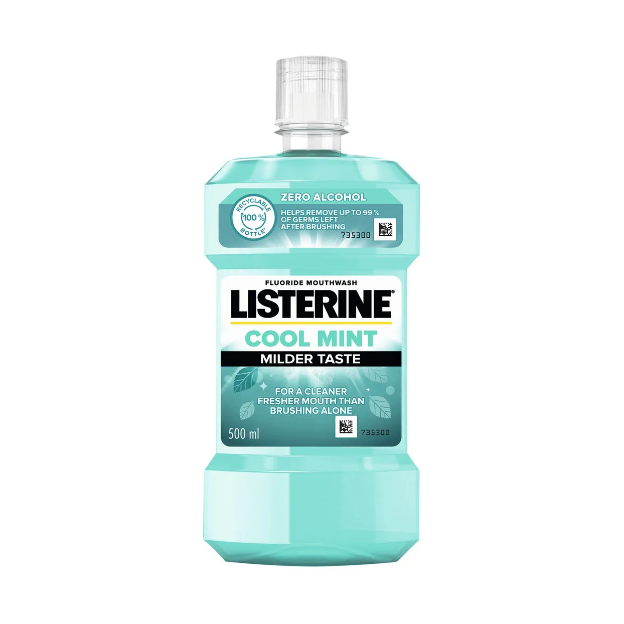 Front of Listerine Zero Alcohol Cool Mint Milder Taste Mouthwash 500 ml bottle
