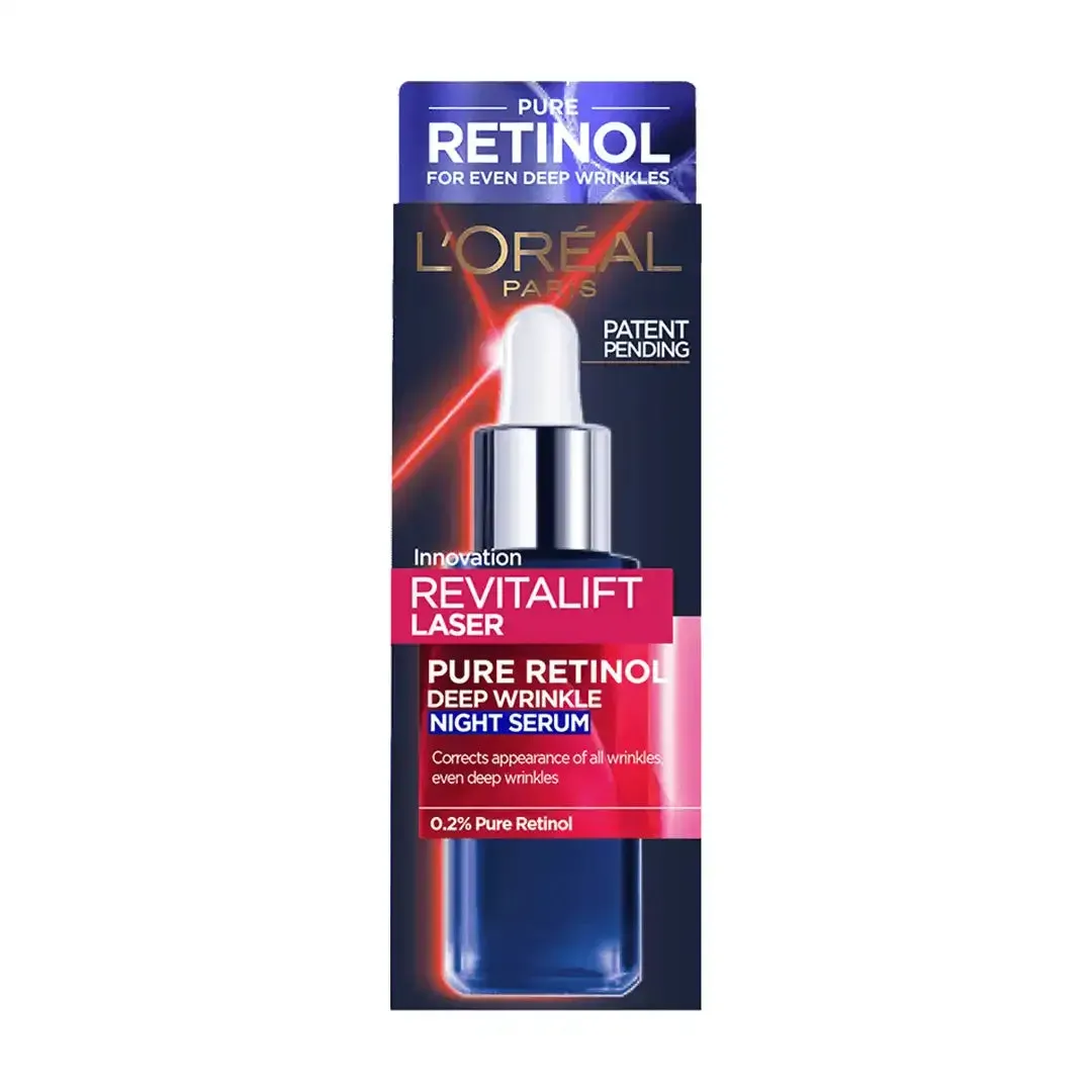 Front of L'Oréal Paris Revitalift Laser Pure Retinol Deep Wrinkle Night Serum box, 30 ml