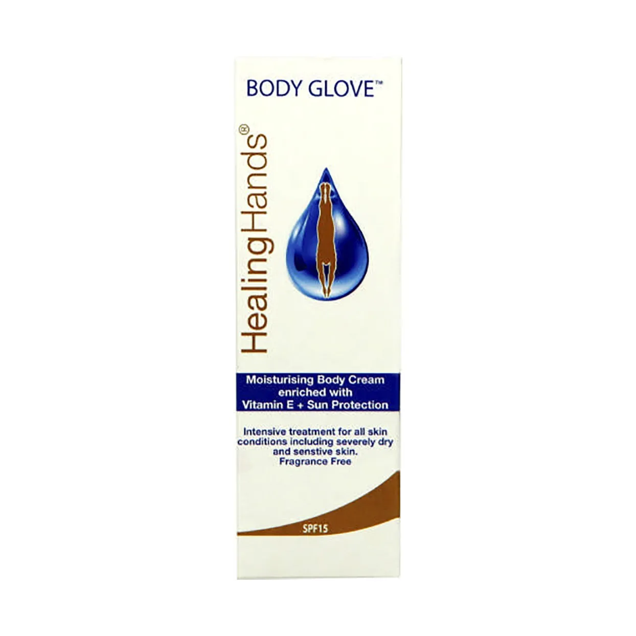 Front of Healing Hands Body Glove Moisturising Body Cream box, SPF15, Vitamin E enriched