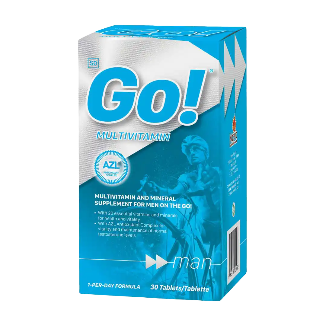 Angled view of Nativa Go! Man Multivitamin 30 tablets box