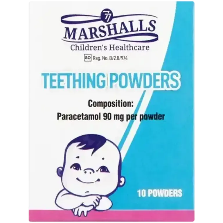 Front of Marshalls Teething Powders 10 powders box
