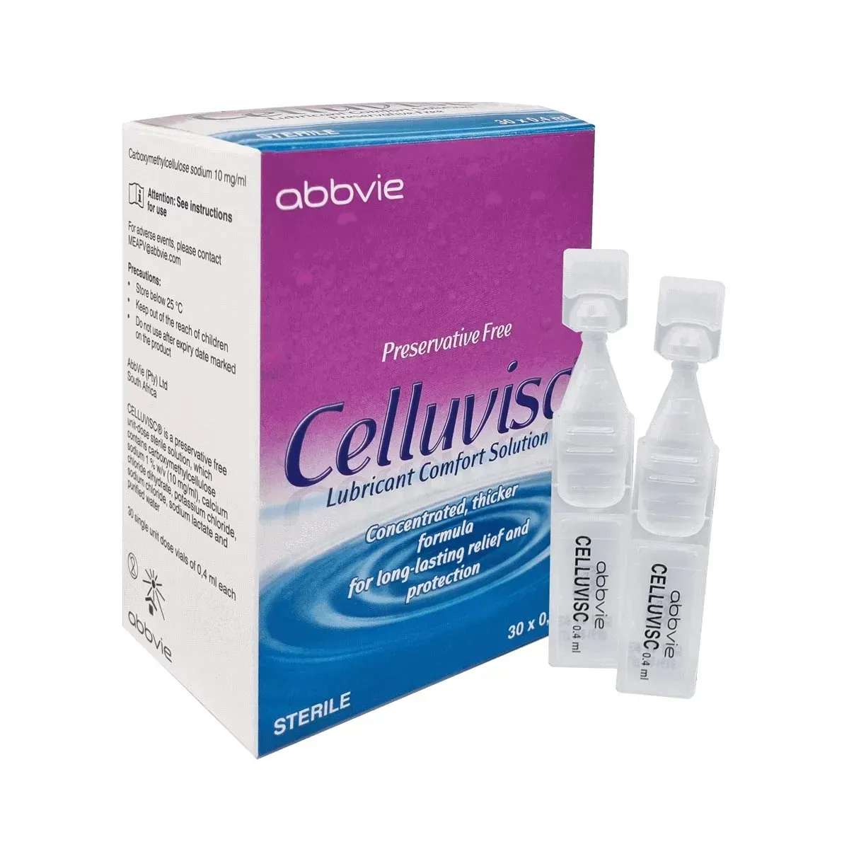 Front angled view of AbbVie Celluvisc Lubricant Comfort Solution eye drops box, 30 x 0.4 ml vials, with two vials displayed beside box