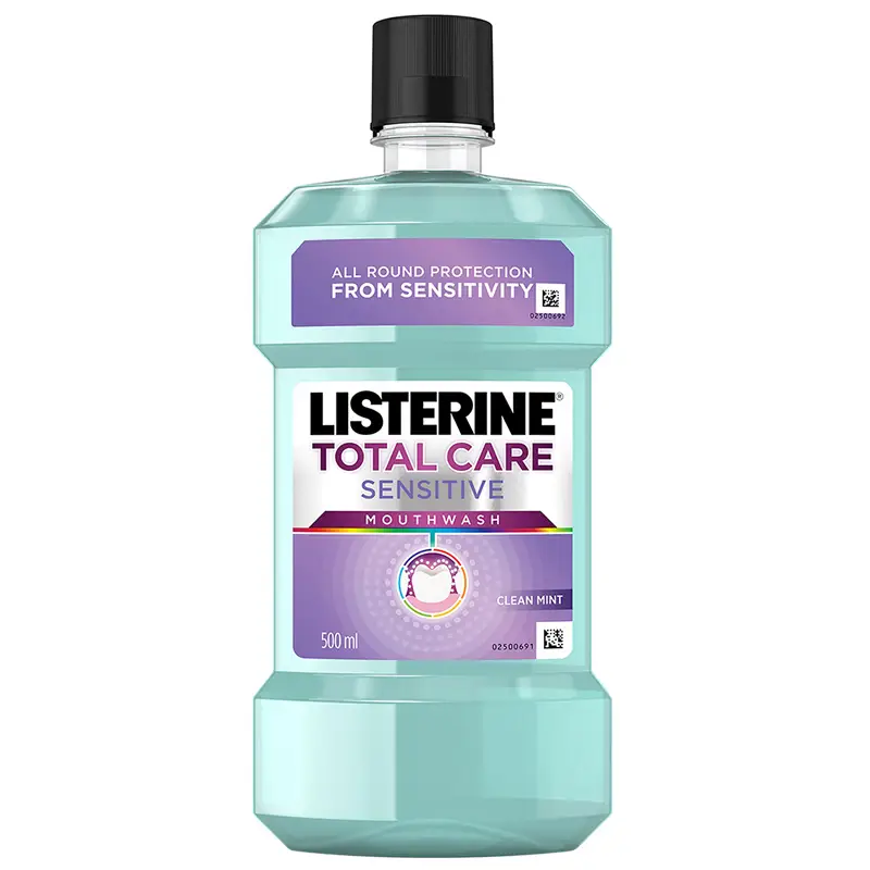 Front of Listerine Total Care Sensitive Mouthwash 500 ml bottle on white background