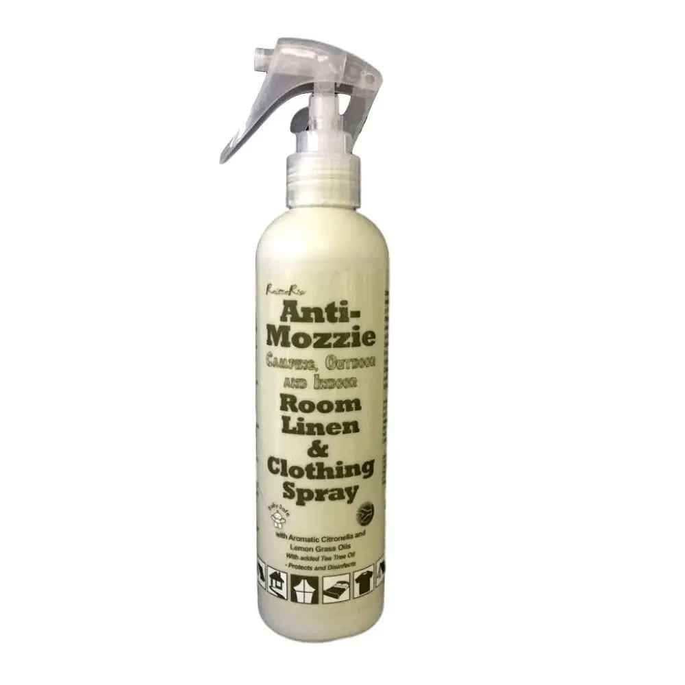 Front of Reitzer Anti-Mozzie Room, Linen & Clothing Spray 250 ml bottle, studio shot on white background