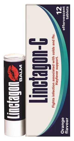Front of Linctagon-C Effervescent 12's box with Linctagon Balm lip balm stick