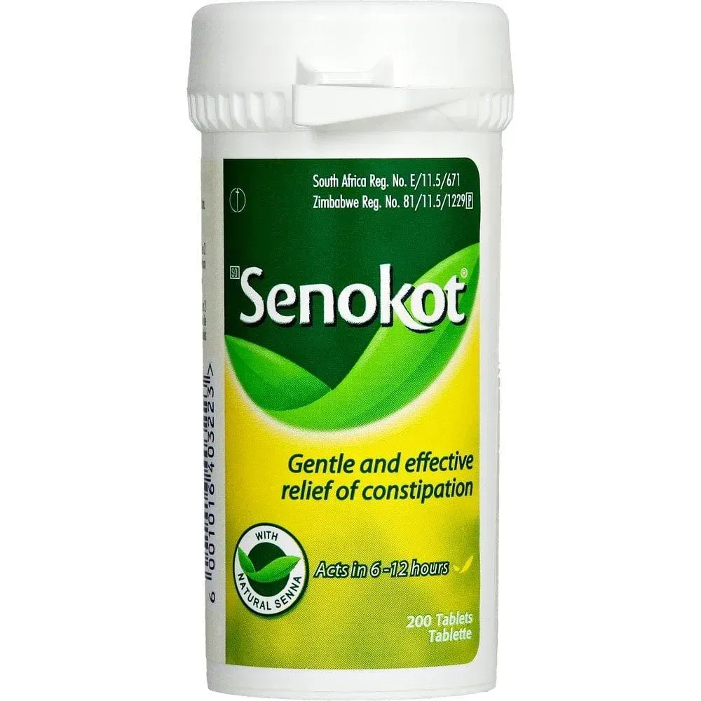 Front of Senokot 200 Tablets bottle for constipation relief